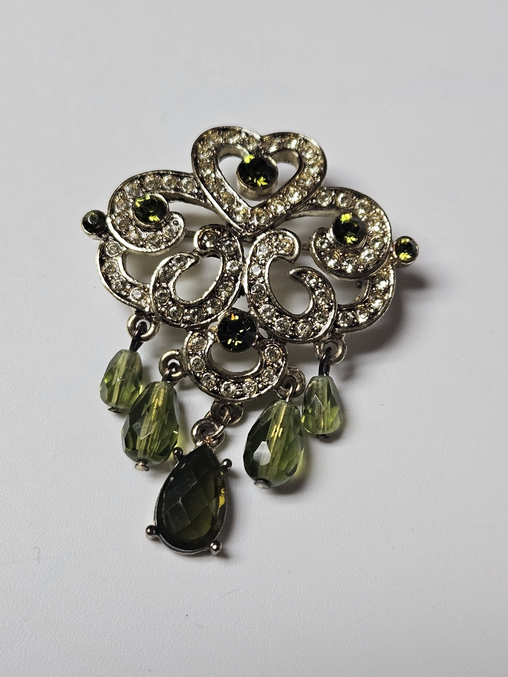 Antique-Style Peridot Green Filigree Drop Brooch - Unbranded